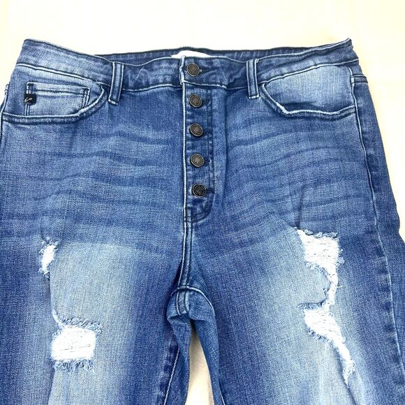 KanCan Button Fly Denim Jeans Women's XL Distressed Frayed Hem Blue High Rise - Picture 7 of 16